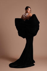 Robe de soirée moulante bustier de luxe noire et blanche à motif floral cristal