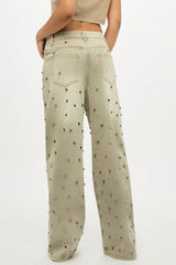 Jean droit taille basse à perles métalliques rétro et strass
