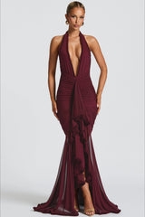 Robe de soirée sexy à empiècements en résille, col en V, dos nu et bretelles dos nu