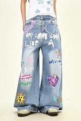 Jean oversize délavé à jambes droites brodé d'étoiles