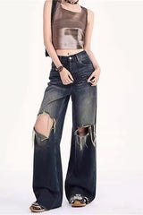 Jean vintage à ourlet brut, taille basse et jambes larges