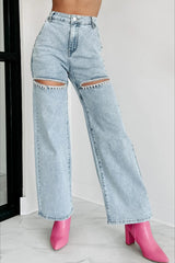 Jean droit taille haute délavé à chaîne déchirée