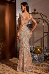 Robe de soirée élégante champagne à paillettes et franges