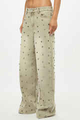 Jean droit taille basse à perles métalliques rétro et strass
