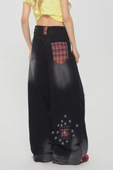 Jean vintage à carreaux patchwork et jambes larges délavé