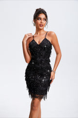 Robe de soirée sans manches à sequins, pompons et strass, col en V, de marque