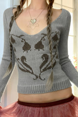 Pull rétro à col V ample et fleuri en forme de cœur