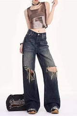 Jean vintage à ourlet brut, taille basse et jambes larges