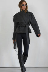 Self Tie Belt Textured Notch Collar Coat