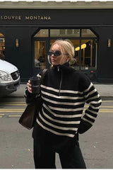 Pull rayé décontracté à col zippé demi-zip et revers rétro
