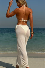 Sexy Solid Mesh Long Skirt Three Piece Swim Set