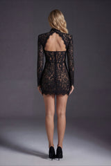 European and American style stand-up collar lace tight skirt hollow corset design long-sleeved short dress cross-border popular evening dress
