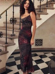 Robe longue plissée dos nu à imprimé floral