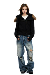 Veste courte zippée à capuche et col en fourrure doublée polaire
