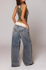Jean bleu délavé à taille roulée style rétro années 2000