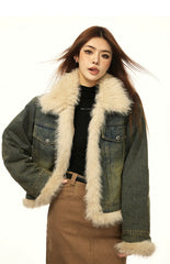 Veste d'hiver vintage en jean doublée de fourrure