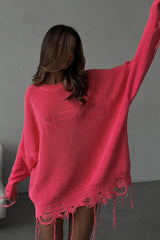 Pull décontracté en maille à col rond, style grunge déchiré et tendance