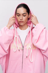 Sweat à capuche rose mi-long à imprimé lettres