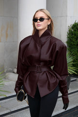 Burgundy Stand Collar Belted Faux Leather Jacket
