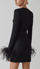 Robe mini à manches longues stretch et plumes noires