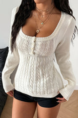 Cable Knit Square Neck Button Detail Sweater