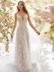 Robe de mariée en dentelle sans manches à col en V 