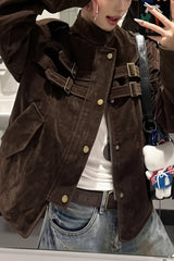 Buckle Pocket Stand Collar Suede Jacket