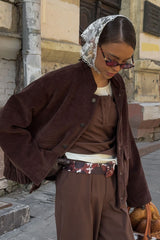 Veste ample en velours côtelé couleur café à col montant