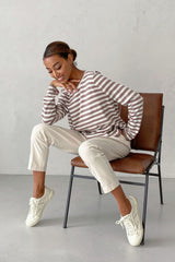 Casual Drop Shoulder Contrast Stripe Knit Sweater