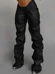 Pantalon taille basse en similicuir à volants