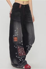 Jean vintage à carreaux patchwork et jambes larges délavé