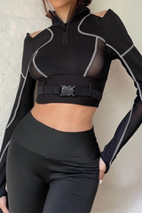 Mesh Paneled Cold Shoulder Color Block Sheer Cropped Crop Top