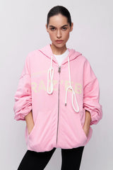 Sweat à capuche rose mi-long à imprimé lettres