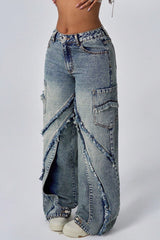 Jean en denim large à jambes larges et patchwork effilochées