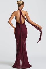 Robe de soirée élégante à empiècements en résille, col V dos nu et décolleté en V