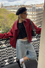 Veste en cuir à col et empiècements color-block