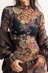 Floral Animal Print Mesh Long Sleeved T-shirts