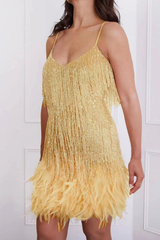 Robe à franges, sequins et plumes