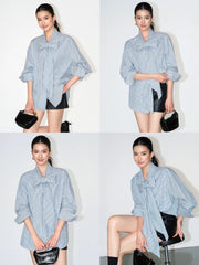 Blouse oversize en coton à rayures et nœud papillon