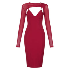 Robe moulante midi à col rond et manches longues, découpes, HB75430