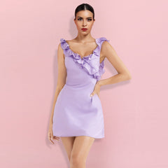 Robe moulante mini sans manches à col en V et volants HI1320