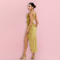 Robe moulante maxi à bretelles et sans manches à volants HI1328