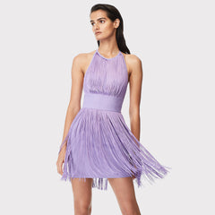 Robe bandage mini à col rond sans manches et à franges HL6259