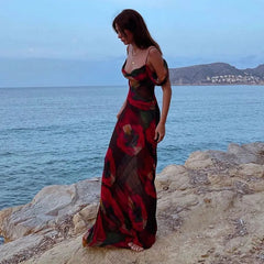 Robe longue trapèze en maille à fleurs