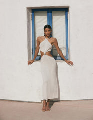 Robe maxi dos nu à col montant et nœud papillon découpé