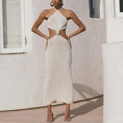 Robe maxi dos nu à col montant et nœud papillon découpé
