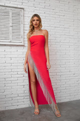 Robe bandage maxi à franges et épaules dénudées Alayna