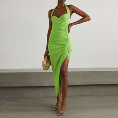 Robe moulante longue sans manches à col halter et froissée KLYF525