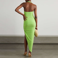 Robe moulante longue sans manches à col halter et froissée KLYF525