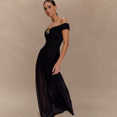 Robe midi dos nu à empiècements en résille